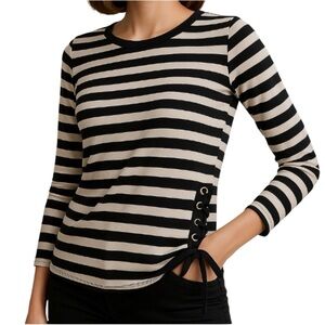 Thomas & Olivia 3/4 Sleeve Striped Top with Lace Up Sides. Black/White. Medium
